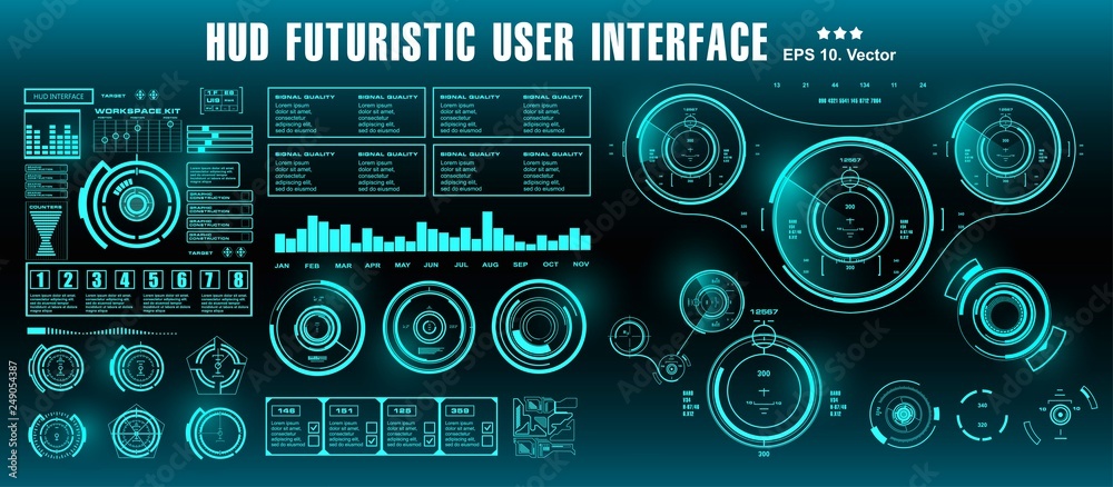 Fototapeta premium HUD futuristic green user interface, target. Dashboard display virtual reality technology screen