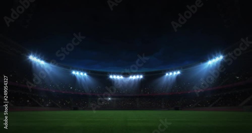 modern grass field stadium evening floodlight illumination zoom out footage,  football stadium sport advertisement background, 4K animation with black end