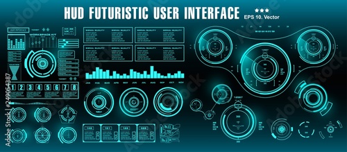 HUD futuristic green user interface, target. Dashboard display virtual reality technology screen