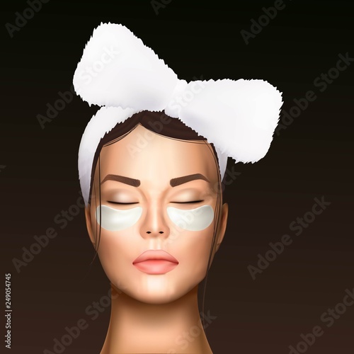 vector illustration of a realistic face of a young beautiful girl with a cosmetic bandage on her hair and moisturizing patches under her eyes