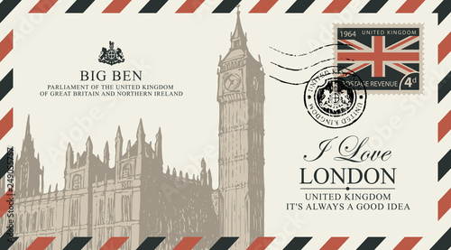 Vector postcard or envelope with Big Ben in London, UK and inscriptions. Retro postcard with postmark in form of royal coat of arms and postage stamp with flag of United Kingdom