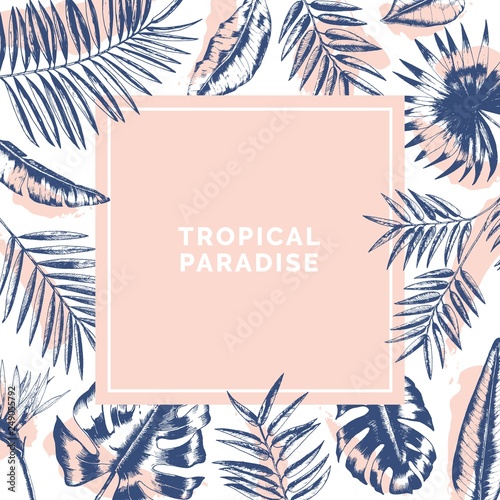 Square exotic background with frame made of palm tree branches and Monstera leaves drawn with contour lines and paint stains. Summer Hawaiian backdrop. Realistic botanical vector illustration.