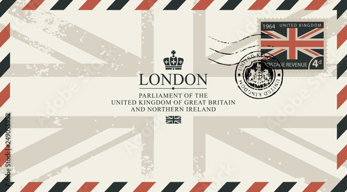 Vector postcard or envelope with UK flag and inscriptions. Retro postcard with postmark in form of royal coat of arms and postage stamp with flag of United Kingdom