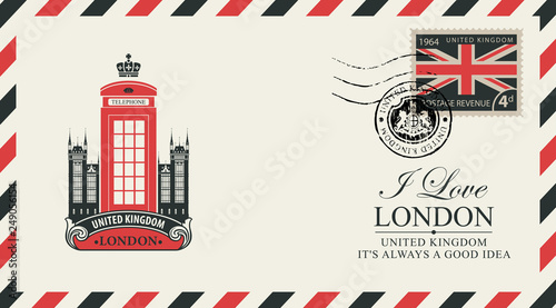 Vector postcard or envelope with the famous London telephone booth and inscriptions. Retro postcard with postmark in form of royal coat of arms and postage stamp with flag of United Kingdom
