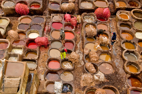 Traditional leather tanneries in the medina of Fez, Morocco, Africa.