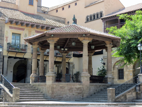 Gazebo on the main square in the Spanish  village, Barcelona, Catalonia, Spain.