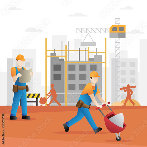 Construction builder cartoon. Building and construction industry cartoon background with workers. Construction workers - Vector illustration