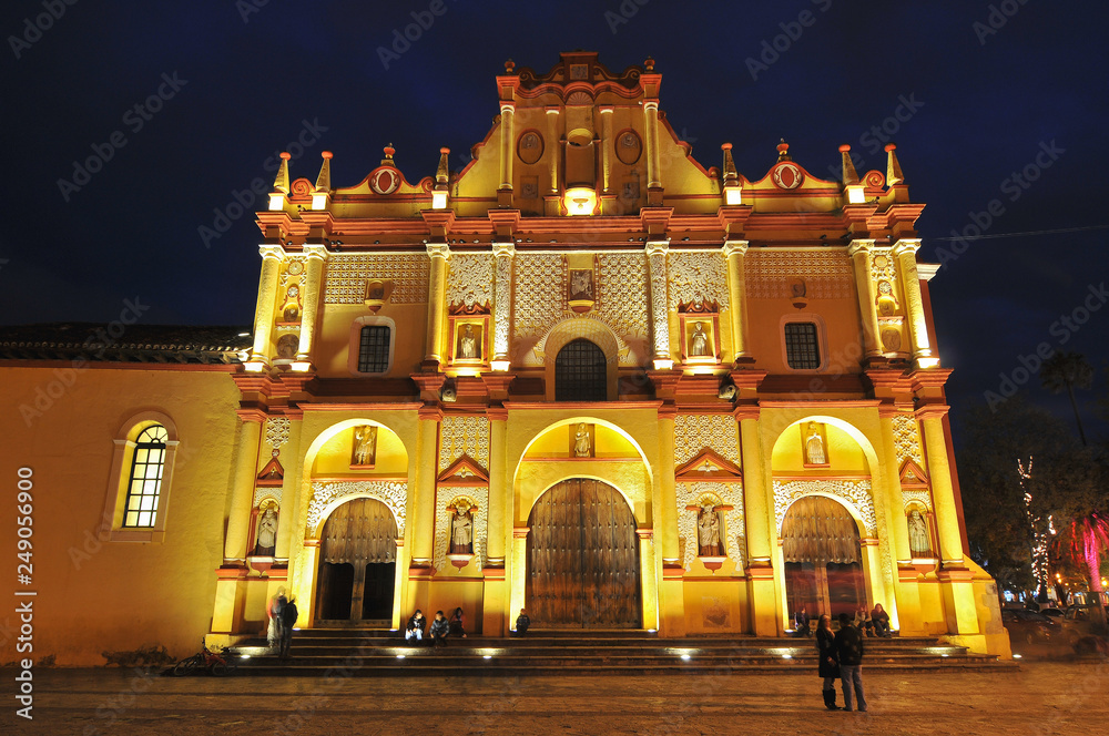 San Cristobal de las Casas Cathedral, night view. Chiapas, Mexico.