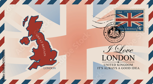 Vector postcard or envelope with map of Great Britain, UK flag and inscription I love London. Retro postcard with postmark in form of royal coat of arms and postage stamp with flag of United Kingdom