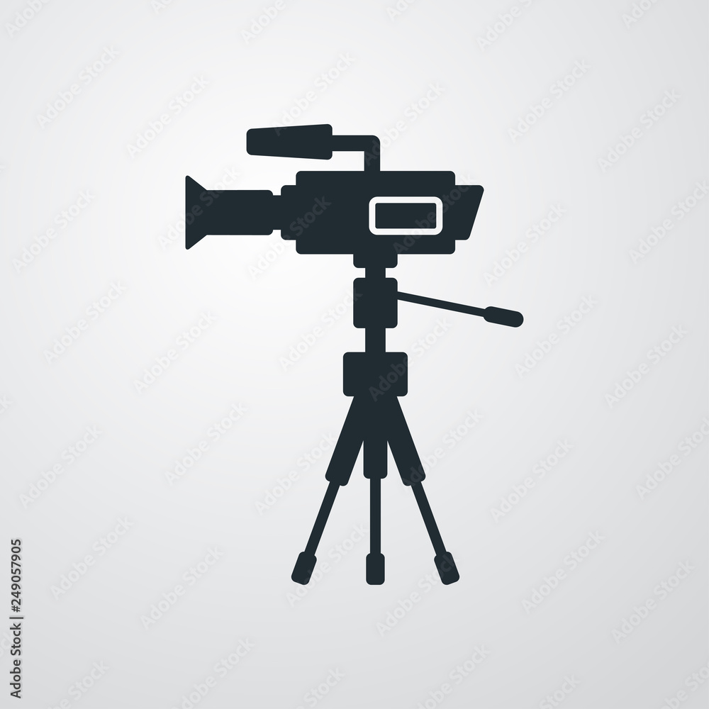 Icono plano silueta de cámara de televisión en fondo gris Icono plano silueta de cámara de televisión en fondo gris
