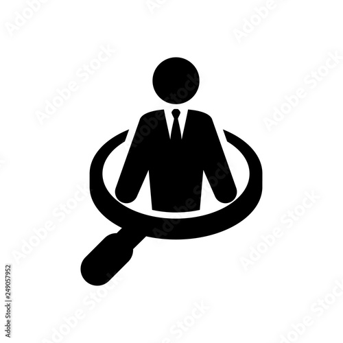 Icono plano hombre de negocios dentro de lupa en color negro