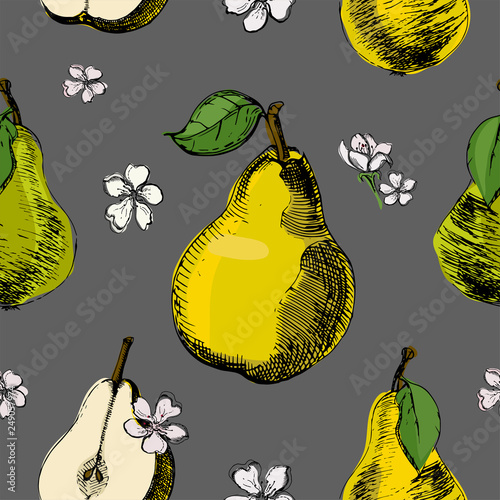 Seamless pattern with pear and flowers.Vintage ink hand drawn vector of different pears and flowers of pear on grey background.Great for fabrics, wallpaper, packaging.