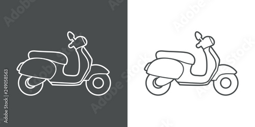 Icono plano lineal silueta scooter en gris y blanco