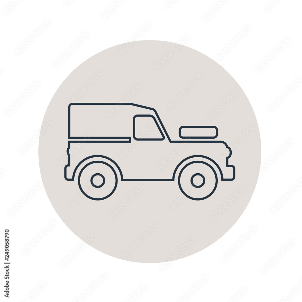 Icono plano lineal silueta vehículo todoterreno en círculo color gris