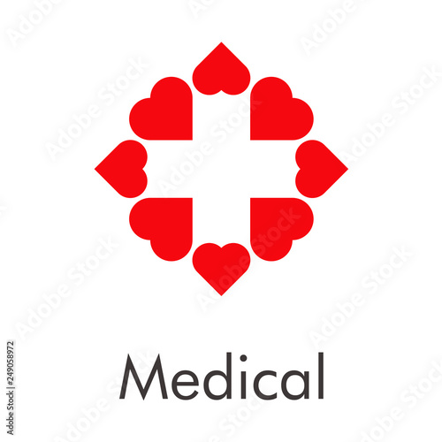 Logotipo abstracto con texto Medical con 8 corazones color rojo haciendo cruz en espacio negativo
