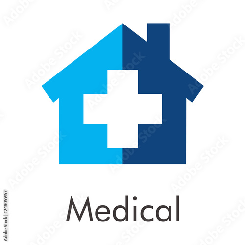  Logotipo abstracto con texto Medical con cruz color blanco en casa dividida en color azul