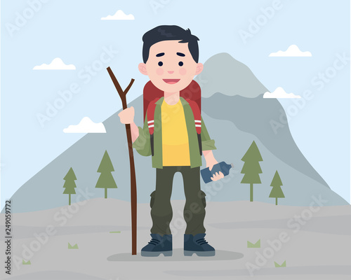 a boy with outdoor style in front of mountain - Vector
