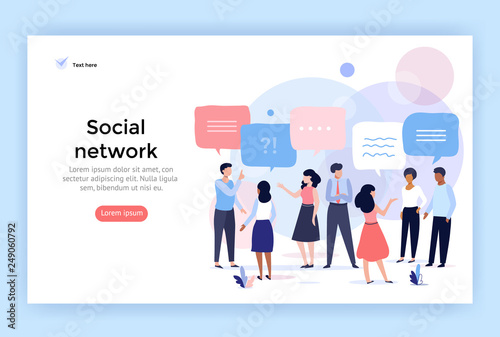 Social network concept illustration, group of people talking with speech bubbles, perfect for web design, banner, mobile app, landing page, vector flat design