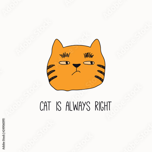 Hand drawn vector illustration of a cute funny cat face, with quote Cat is always right. Isolated objects on white background. Line drawing. Design concept for poster, t-shirt, fashion print.
