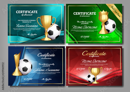 Soccer Game Certificate Diploma With Golden Cup Set Vector. Football. Sport Award Template. Achievement Design. A4. Graduation. Document. Champion. Best Prize. Winner Trophy. Template Illustration
