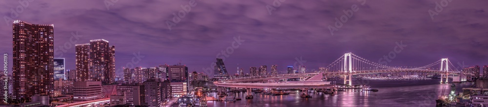 Panorama of the circular highway leading to the Rainbow Bridge with Cargo and cruise ships moored or sailing in Odaiba Bay of Tokyo.