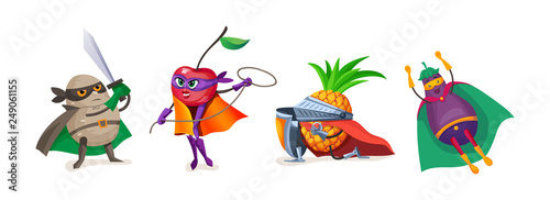Healthy eating, organic products, vegetarian food, in superhero costumes.