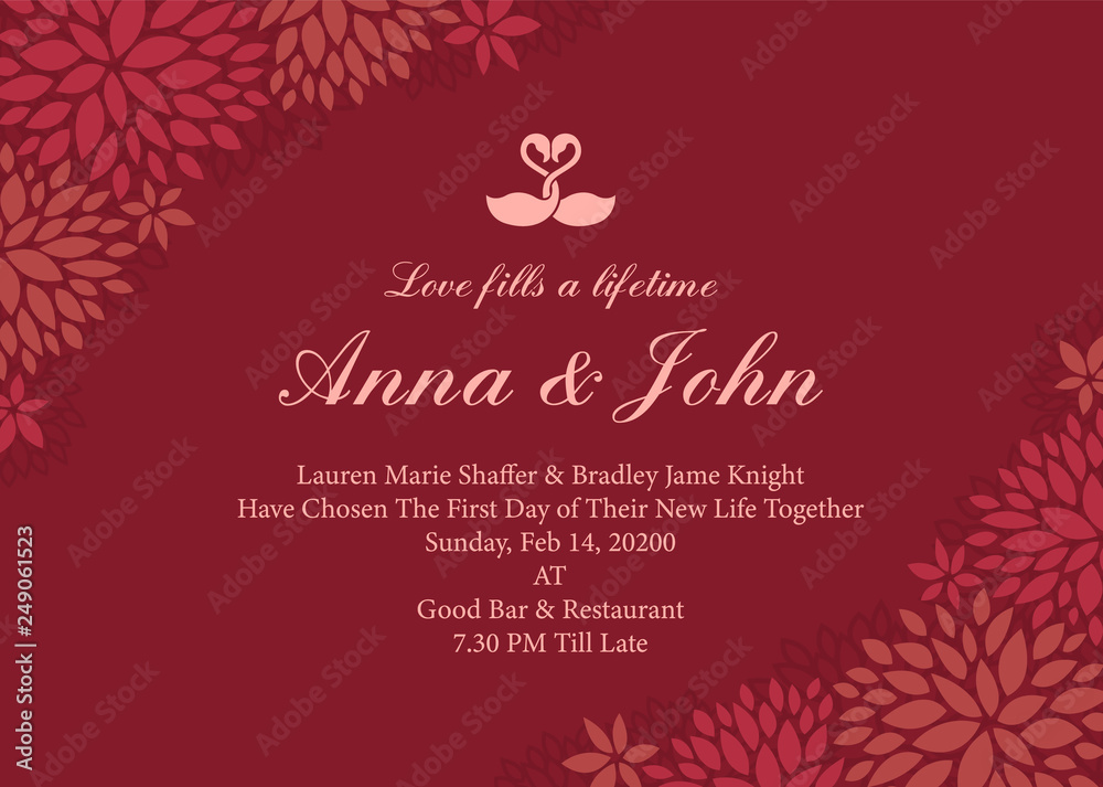 Wedding card - swan couple sign and Abstract flower frame on red rose color background vector template design