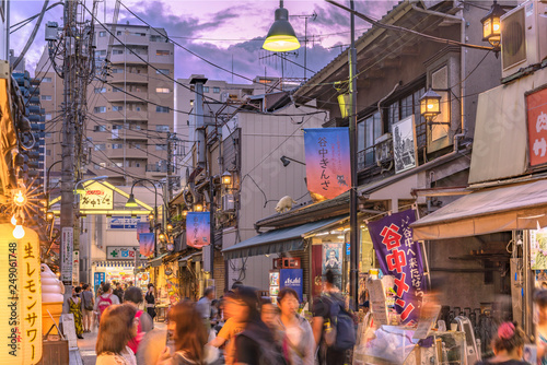 Retro old-fashionned shopping street Yanaka Ginza famous as a spectacular spot for sunset and also named the Evening Village. Yanaka s mascot is a cat named Sen.