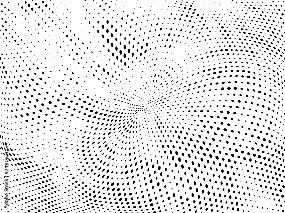 Halftone gradient pattern. Abstract halftone dots background. Monochrome dots pattern. Grunge wave texture. Pop Art Comic small dots. Radial twisted dots. Design for presentation, report, flyer, cover