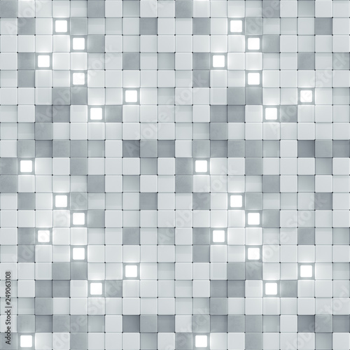 Seamless pattern of white and glowing tiles 3D render