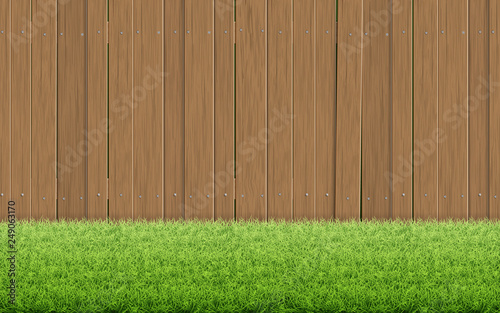Grass lawn and brown wooden fence.