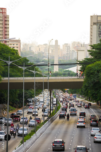 Sao Paulo, Brazil, december 2018. The big busy way "Avenida 23 de maio" seen from the bridge on Avenida Paulista This is o central intersection in downtown Sao Paulo