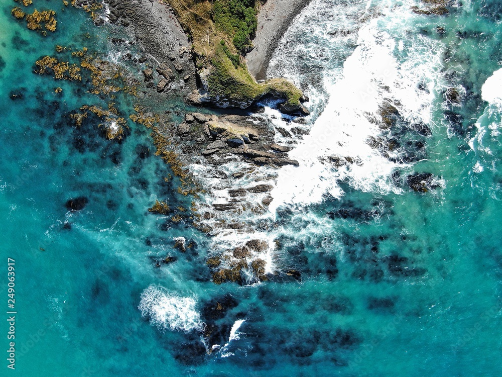 Aerial view of shore at Nugget Point near Kaka Point in southern New Zealand