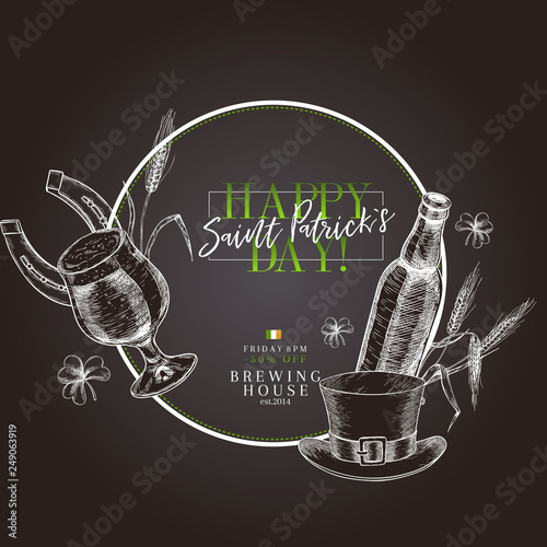 Hand drawn Saint Patrick day pub poster. Beer and snacks. Vector glass, bottle, opener, horseshoe, barley, hop, food, hat. Bar alcohol beverages. Craft brewery Discount banner flyer poster.