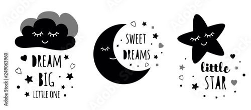 Cute kids posters set. Childish typography print room decoration Dream big black colors Vector Illustration