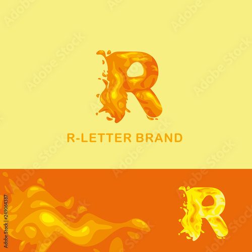 R letter is an aqua logo. Liquid volumetric letter with droplets and sprays for the corporate style of the company or brand on the letter R. Juicy, watery style.