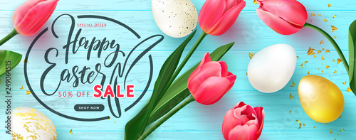 Happy Easter Sale banner.Beautiful Background with Golden and white eggs,Tulips and serpentine. Vector illustration for website , posters,ads, coupons, promotional material