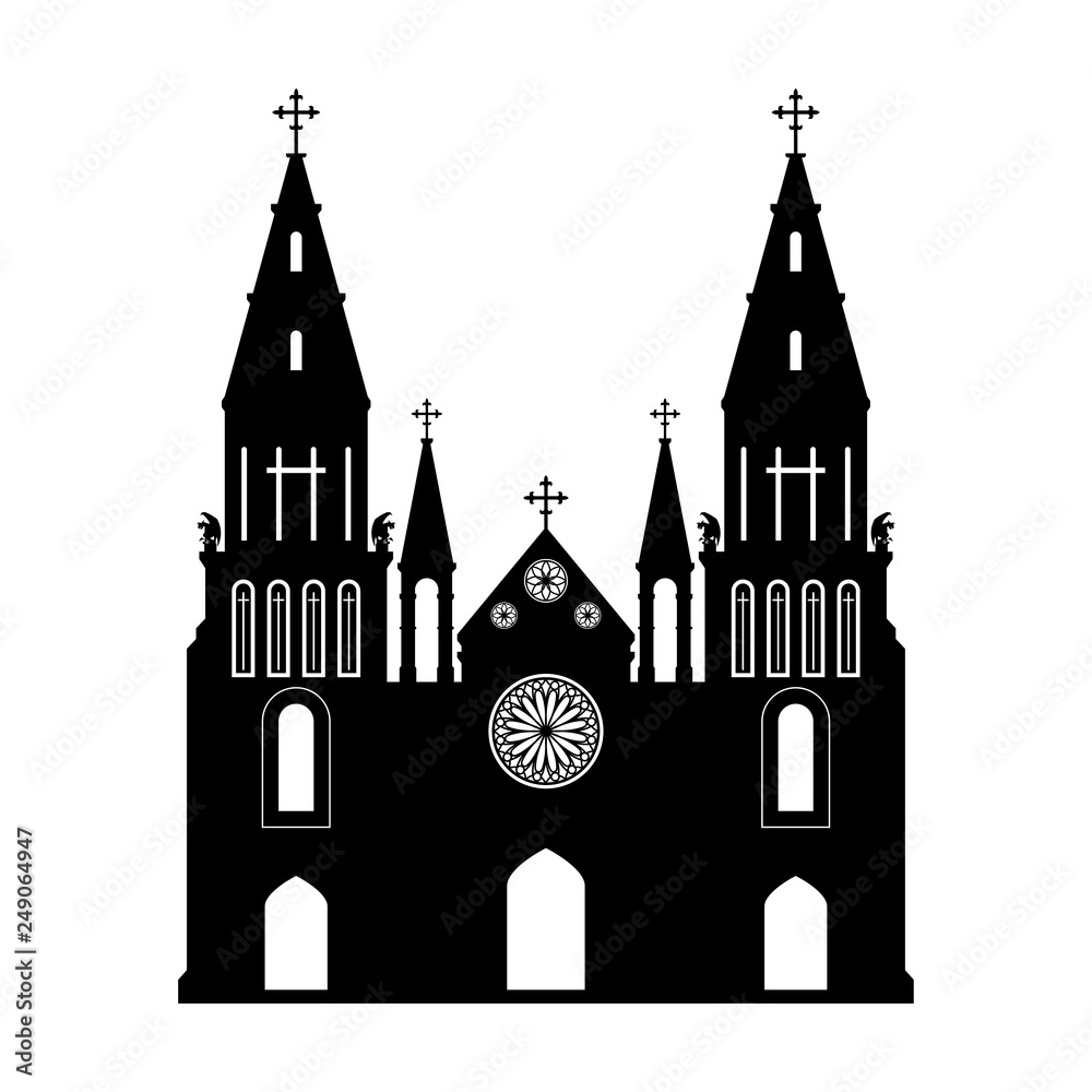 Black silhouette of gothic church. Isolated drawing of cathedral build. Fantasy architecture. European medieval landmark. Design element