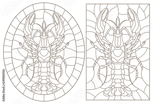Set of contour illustrations of stained glass Windows with crayfish, dark contours on a white background