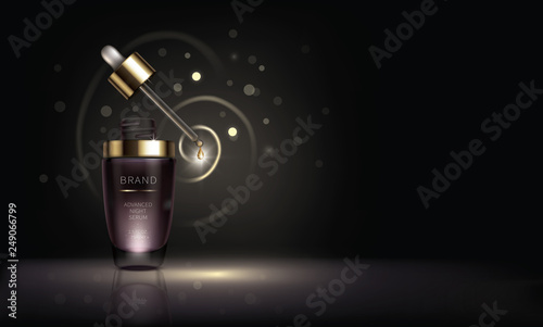 Night cosmetic product for face skin care, realistic vector. Purple glass bottle with dripping pipette and liquid golden drop of revitalizing serum. Cosmetics on glossy surface in dark with lights