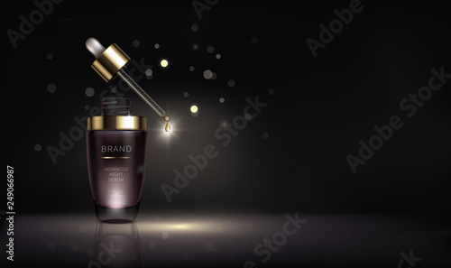 Night cosmetic product for face skin care, realistic vector. Purple glass bottle with dripping pipette and liquid golden drop of revitalizing serum. Cosmetics on glossy surface in dark with lights