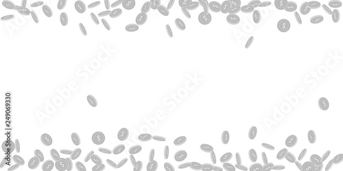 American dollar coins falling. Scattered black and