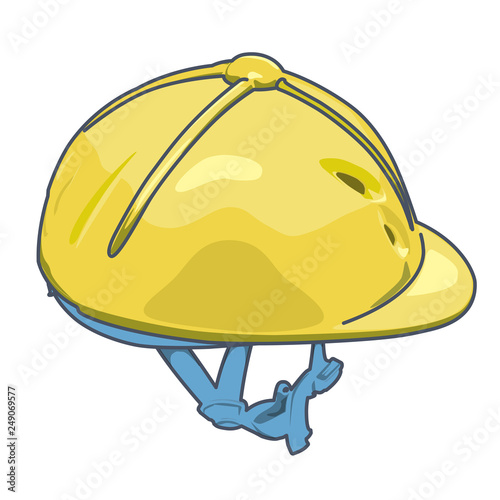Outlined vector riding helmet. Blue yellow isolated jockey protection on white background. Realistic object from equestrian enviroment with horses. Horse racing equipment. Flatten master illustration