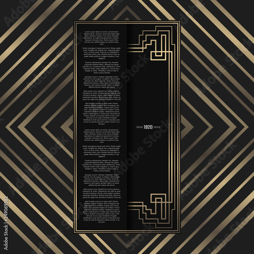 Vector card. Art Deco style. Dark golden geometric frame on black background. Luxury menu concept. Opera ticket. Art Deco lines with space for text.