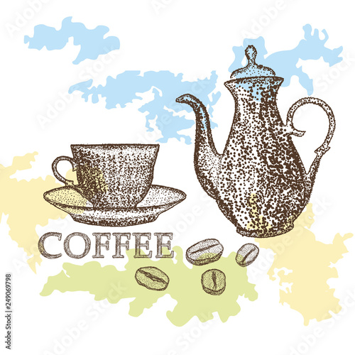 Coffee pot, coffee beans, cup and plate. Dot drawing of coffee drinking. Coffee items.