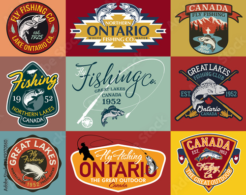 Great lake Canada fly fishing club vintage vector labels collection