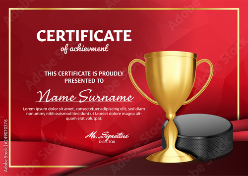 Ice Hockey Certificate Diploma With Golden Cup Vector. Sport Award Template. Achievement Design. Honor Background. A4 Horizontal. Illustration photo