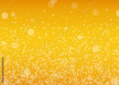 Beer foam. Craft lager splash. Oktoberfest background. Cold pint of ale with realistic white bubbles. Cool liquid drink for pab flyer layout. Golden jug with beer foam.