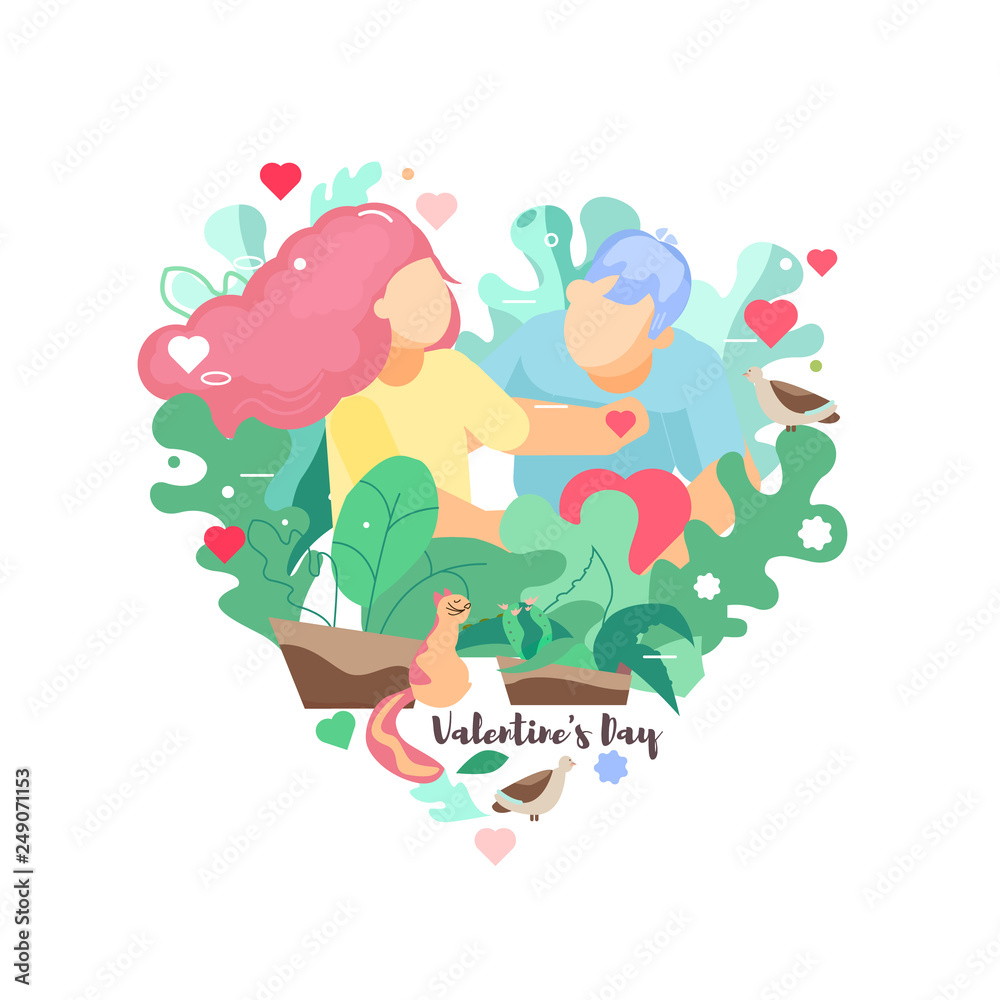 Obraz premium Valentines day sweet card vector flat illustration. Concept of growing love