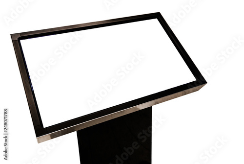 Digital media blank black and white screen modern panel, signboard for advertisement design in a shopping center, airport, gallery. Mockup, mock-up, mock up with blurred background, digital kiosk.